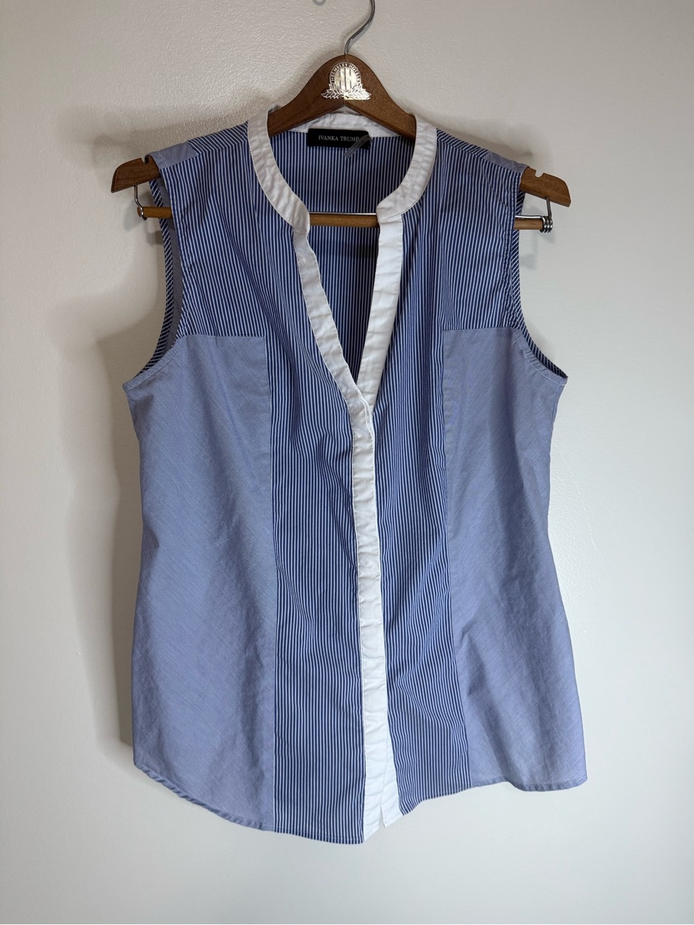 Ivanka Trump Blue Striped Sleeveless Blouse with White Trim size XL